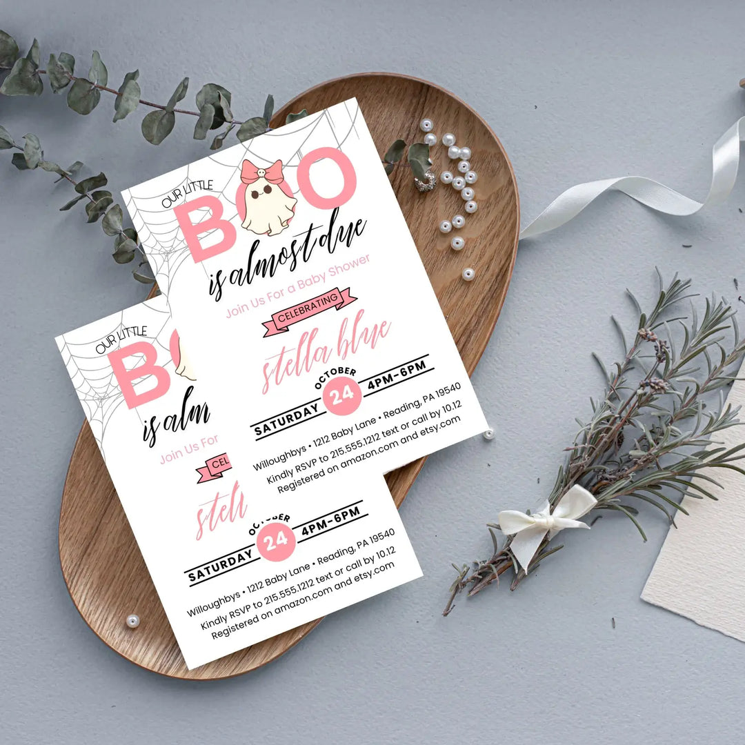 A little boo baby shower invitations halloween ghost and skull theme printable & printed options pink