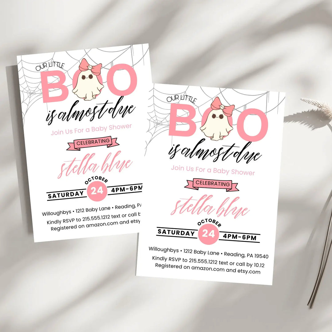 A little boo baby shower invitations halloween ghost and skull theme printable & printed options pink