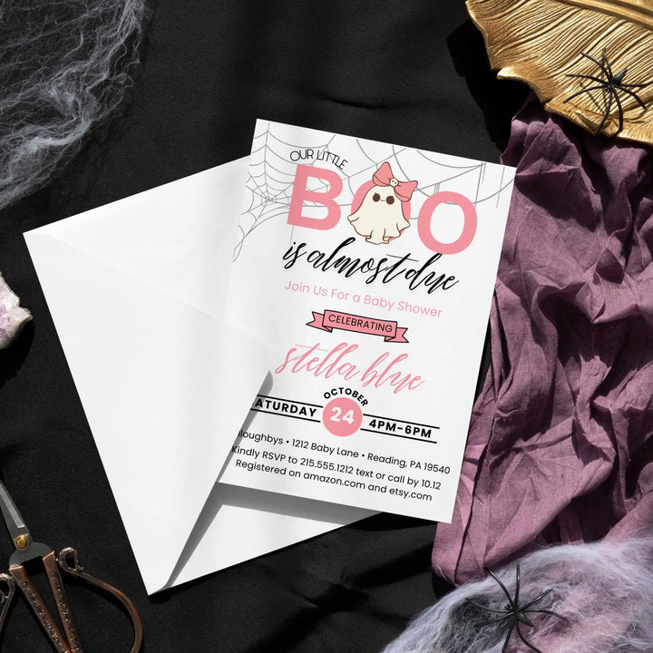 A little boo baby shower invitations halloween ghost and skull theme printable & printed options pink