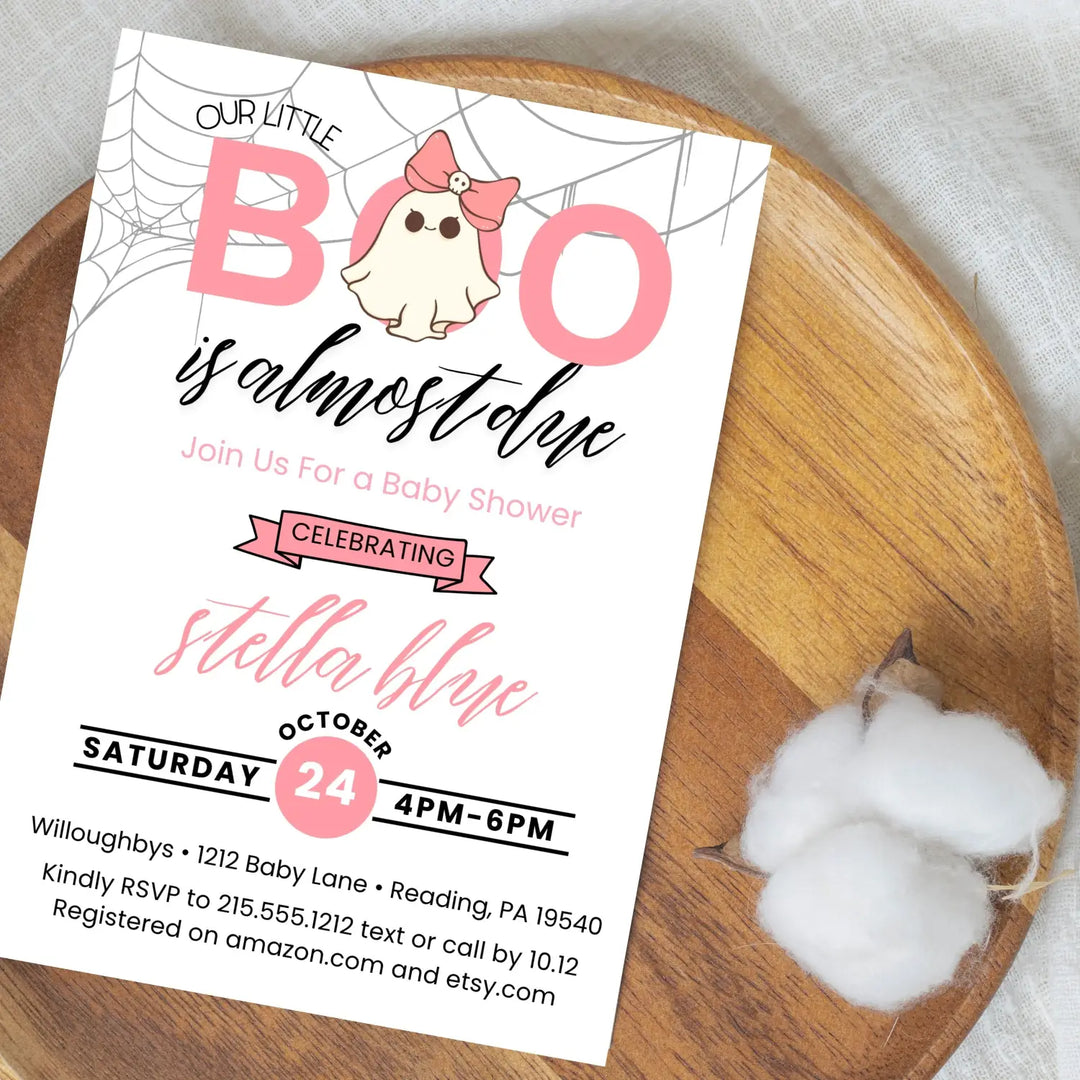 A little boo baby shower invitations halloween ghost and skull theme printable & printed options pink