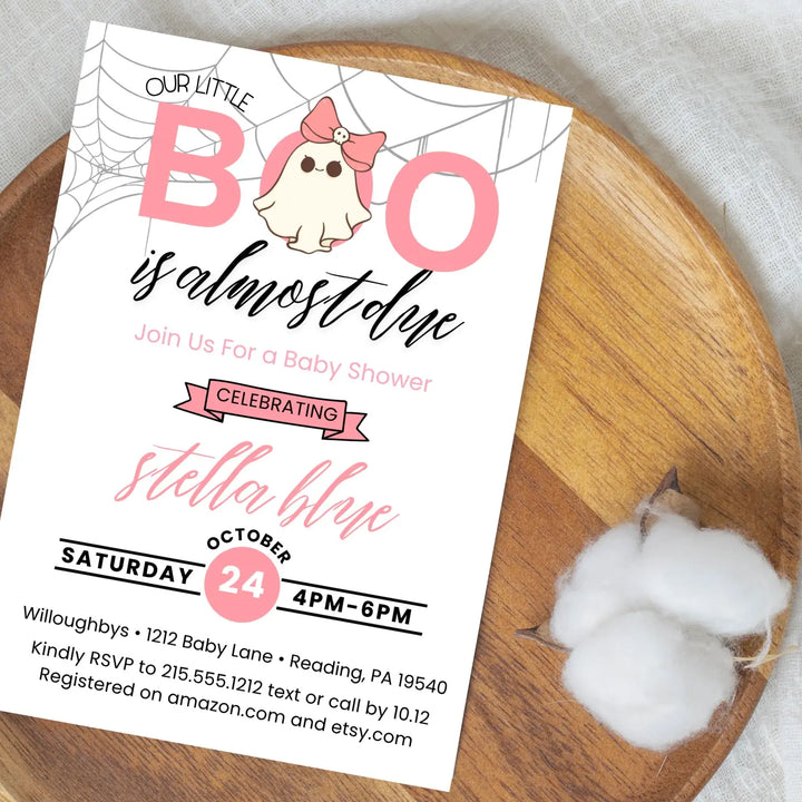 A little boo baby shower invitations halloween ghost and skull theme printable & printed options pink