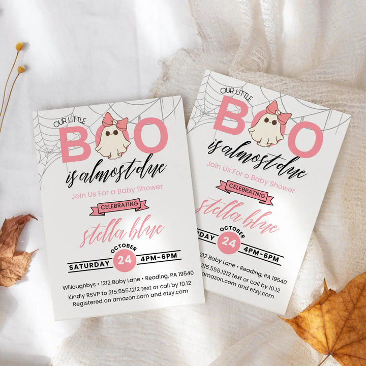 A little boo baby shower invitations halloween ghost and skull theme printable & printed options pink