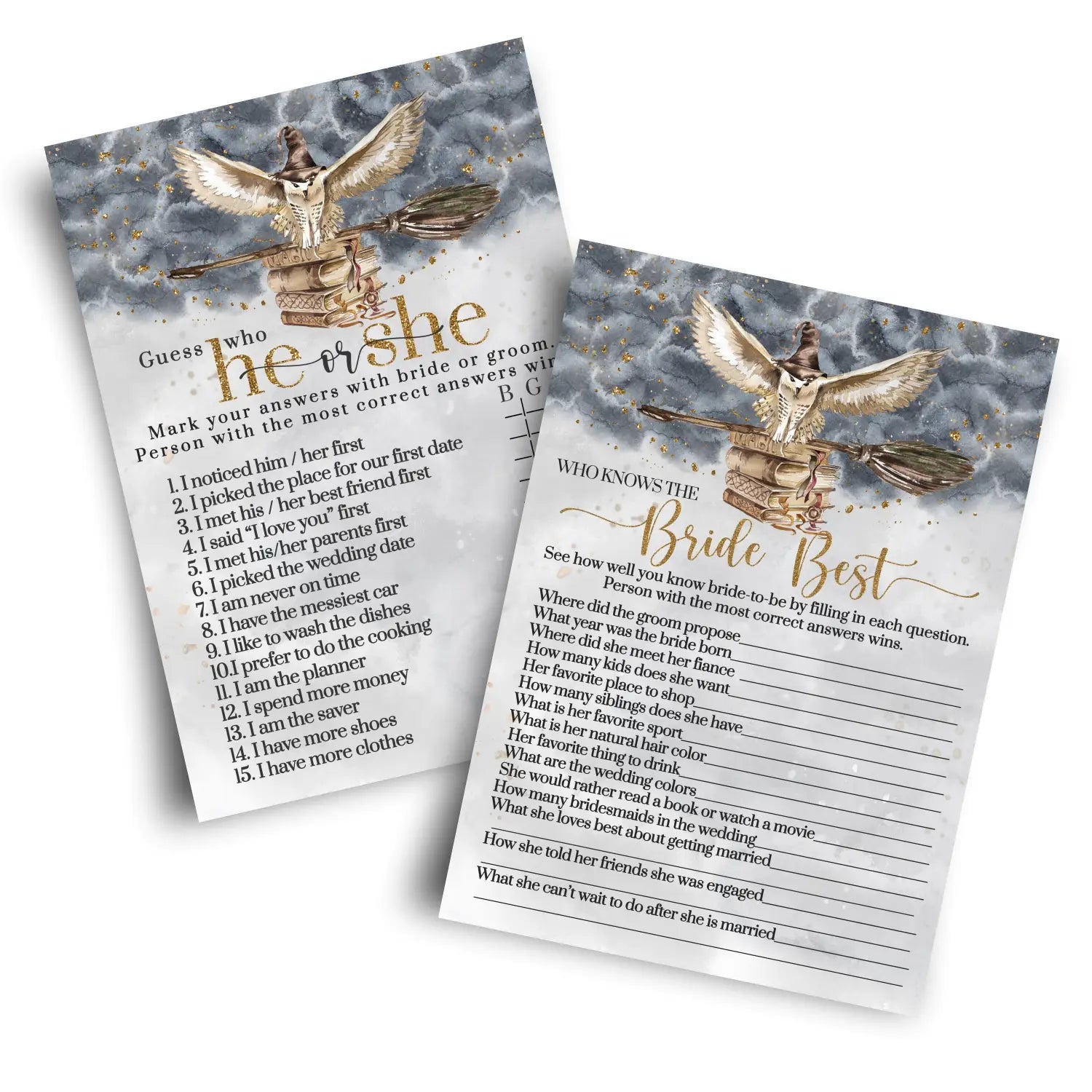 Magic owl bridal shower games – bundle includes he said or she & who knows the bride best wedding game engagement party