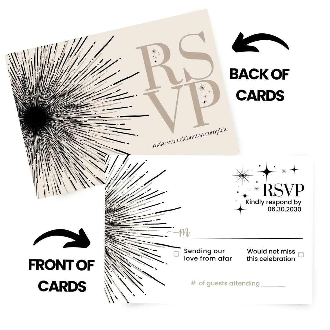 Modern celestial abstract starburst rsvp cards in black taupe and crem β elegant wedding & event response - invitations