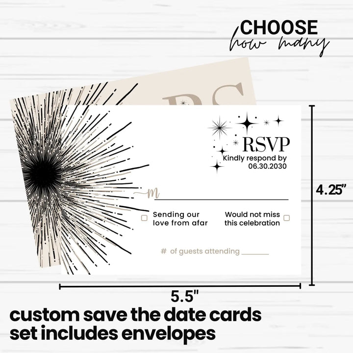 Modern celestial abstract starburst rsvp cards in black taupe and crem β elegant wedding & event response - invitations