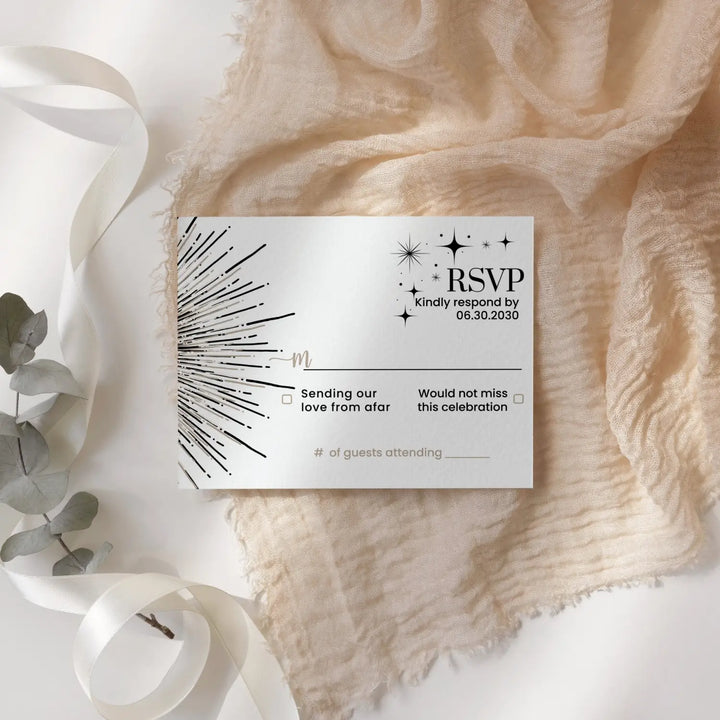 Modern celestial abstract starburst rsvp cards in black taupe and crem β elegant wedding & event response - invitations