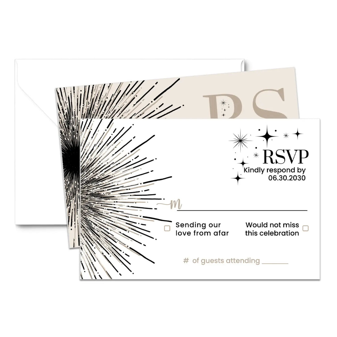 Modern celestial abstract starburst rsvp cards in black taupe and crem β elegant wedding & event response - invitations