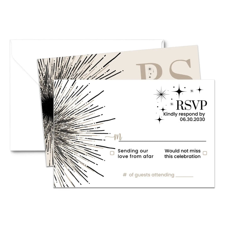 Modern celestial abstract starburst rsvp cards in black taupe and crem β elegant wedding & event response - invitations