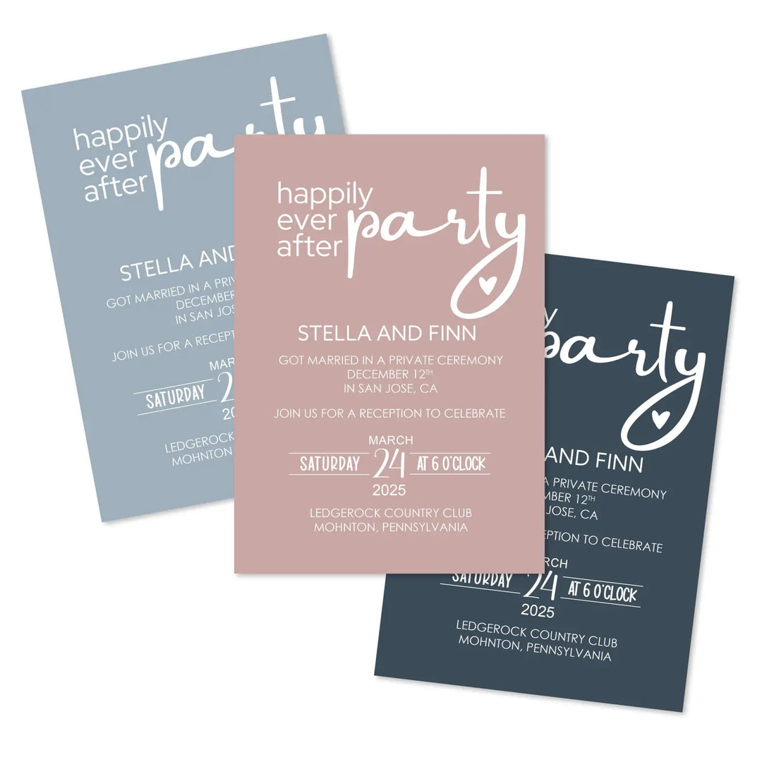 Wedding reception invitations happily ever after party modern typography 5x7 personalized navy and rose themed
