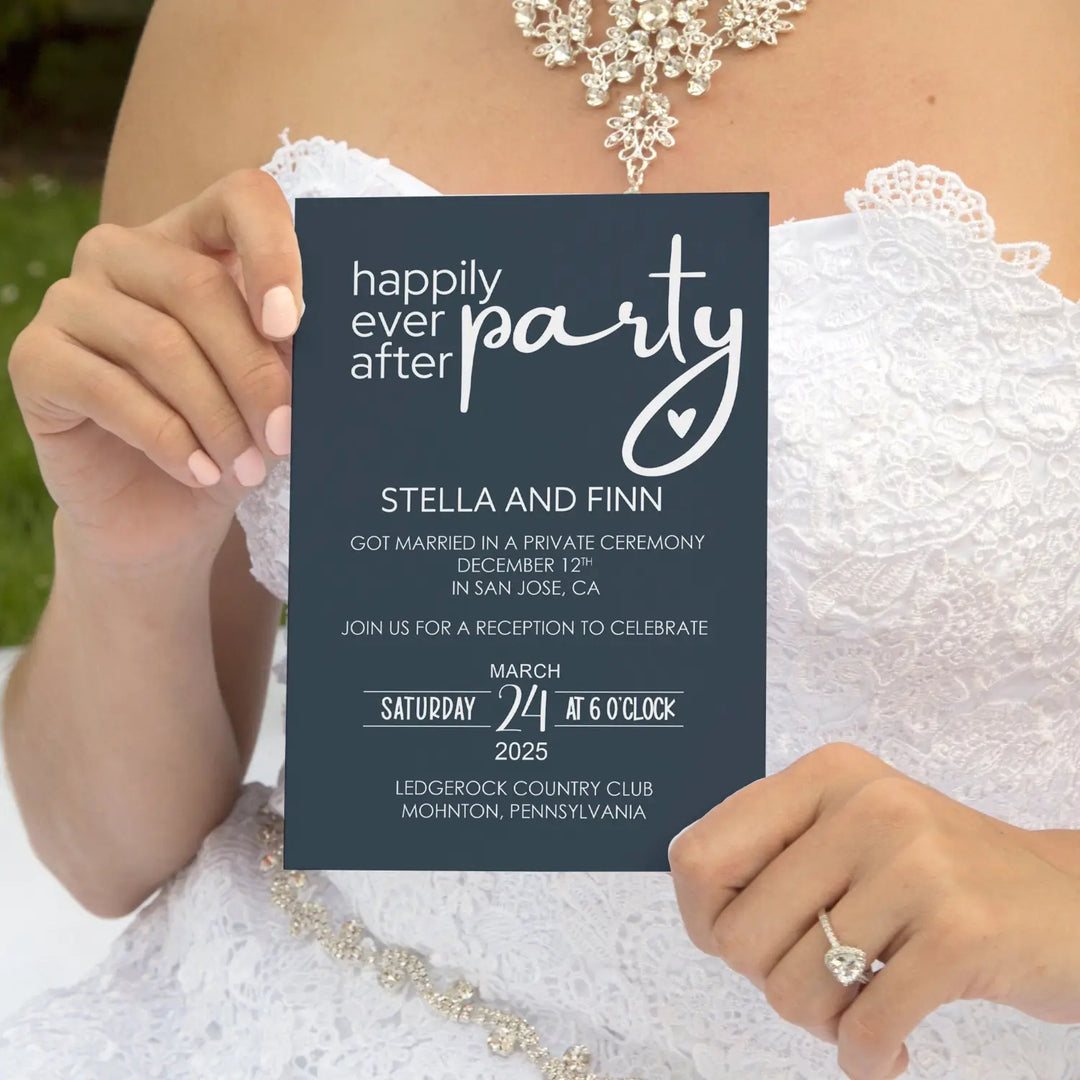 Wedding reception invitations happily ever after party modern typography 5x7 personalized navy and rose themed