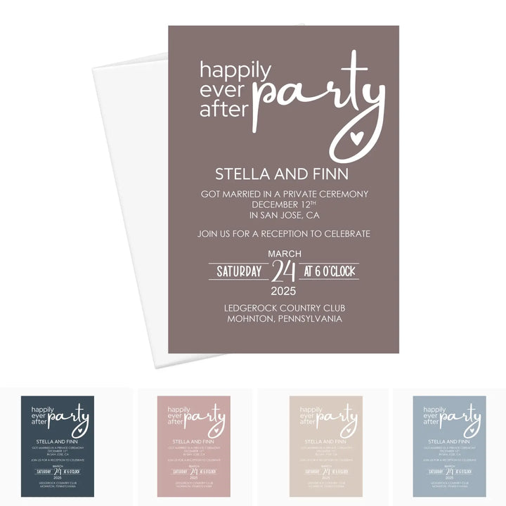 Wedding reception invitations happily ever after party modern typography 5x7 personalized navy and rose themed