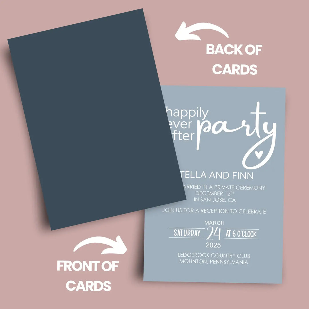 Wedding reception invitations happily ever after party modern typography 5x7 personalized navy and rose themed