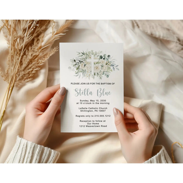 White cross custom printed event invitation sympathy funeral or baby shower personalized memorial & life invite