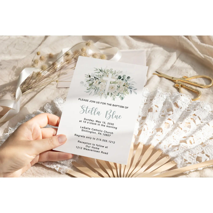 White cross custom printed event invitation sympathy funeral or baby shower personalized memorial & life invite