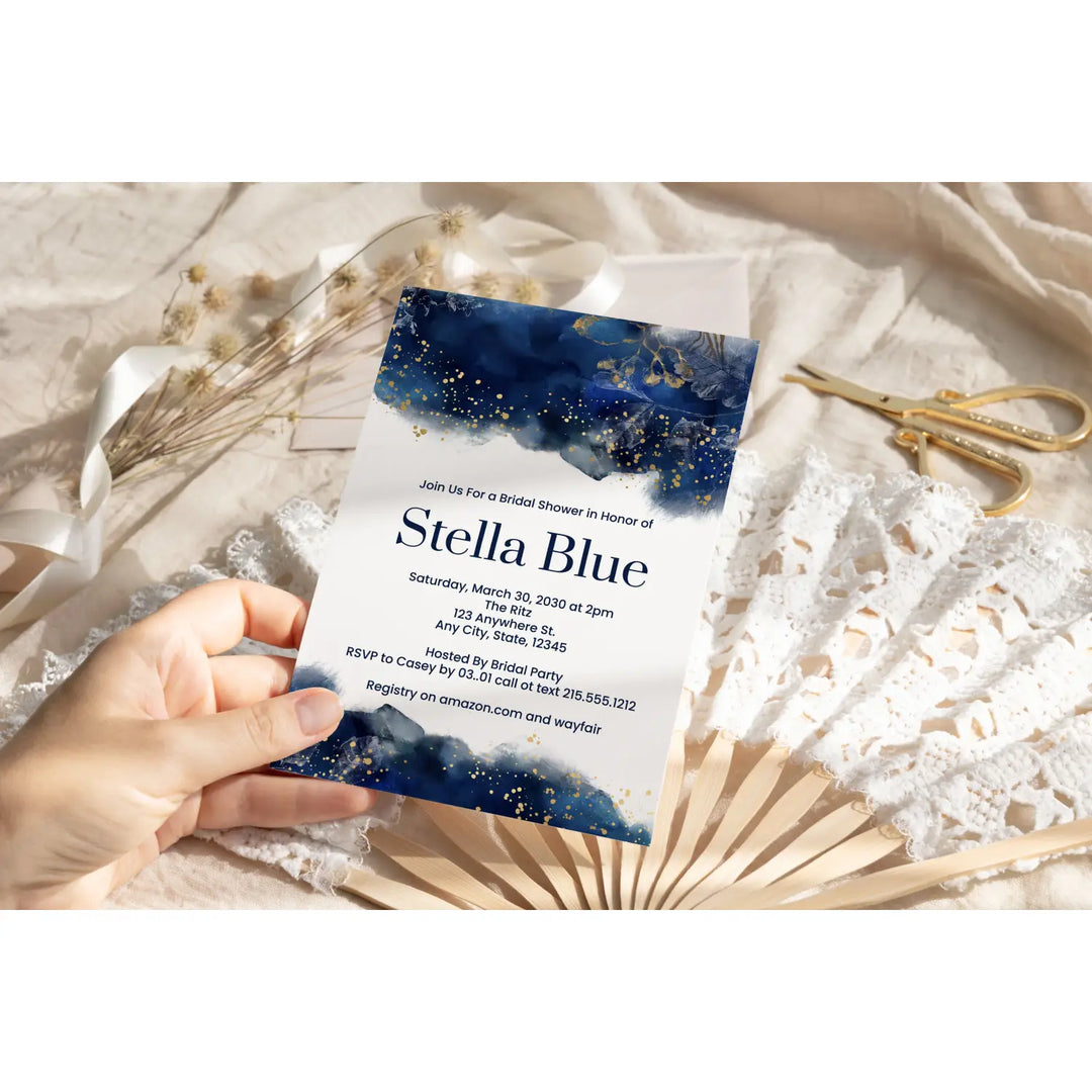 Luxurious navy & gold watercolor floral personalized invitations weddings showers graduations and milestone celebrations