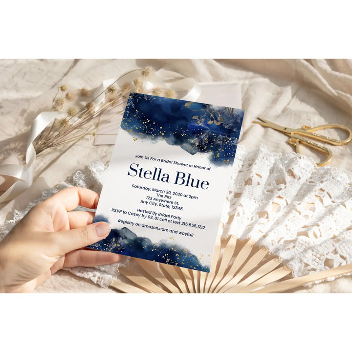 Luxurious navy & gold watercolor floral personalized invitations weddings showers graduations and milestone celebrations