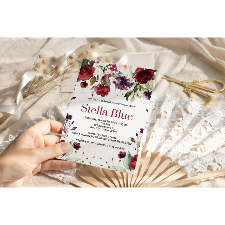 Elegant red roses & blush floral personalized invitations for weddings showers and special celebrations