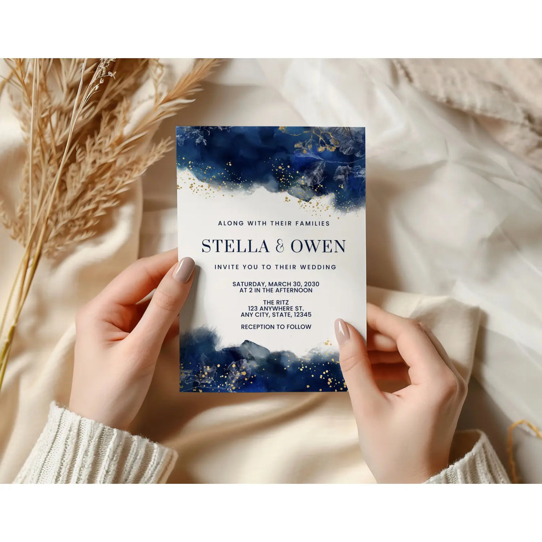 Luxurious navy & gold watercolor floral personalized invitations weddings showers graduations and milestone celebrations