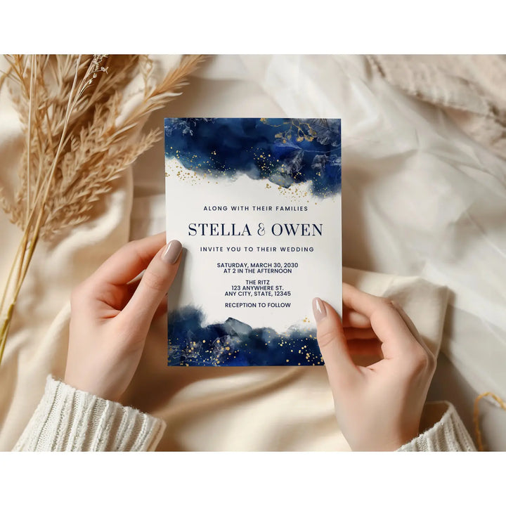 Luxurious navy & gold watercolor floral personalized invitations weddings showers graduations and milestone celebrations