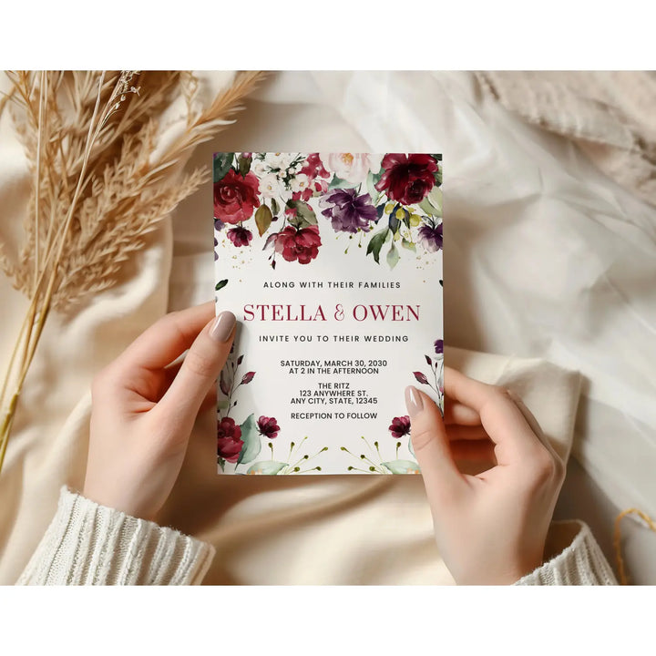 Elegant red roses & blush floral personalized invitations for weddings showers and special celebrations