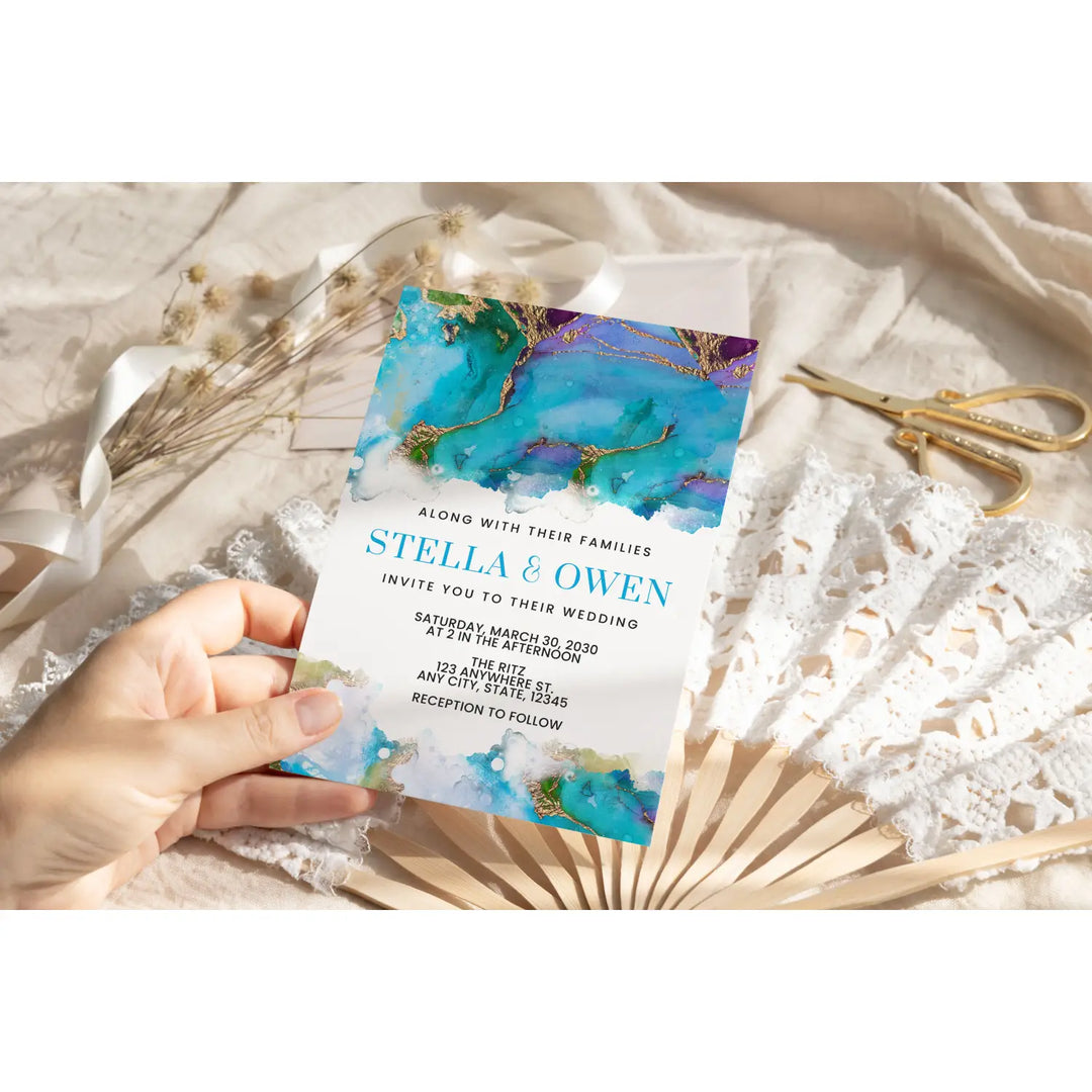 Elegant jeweled watercolor personalized invitations purple turquoise blue and gold