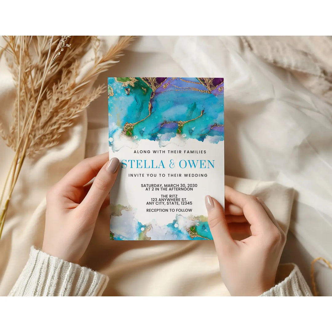 Elegant jeweled watercolor personalized invitations purple turquoise blue and gold