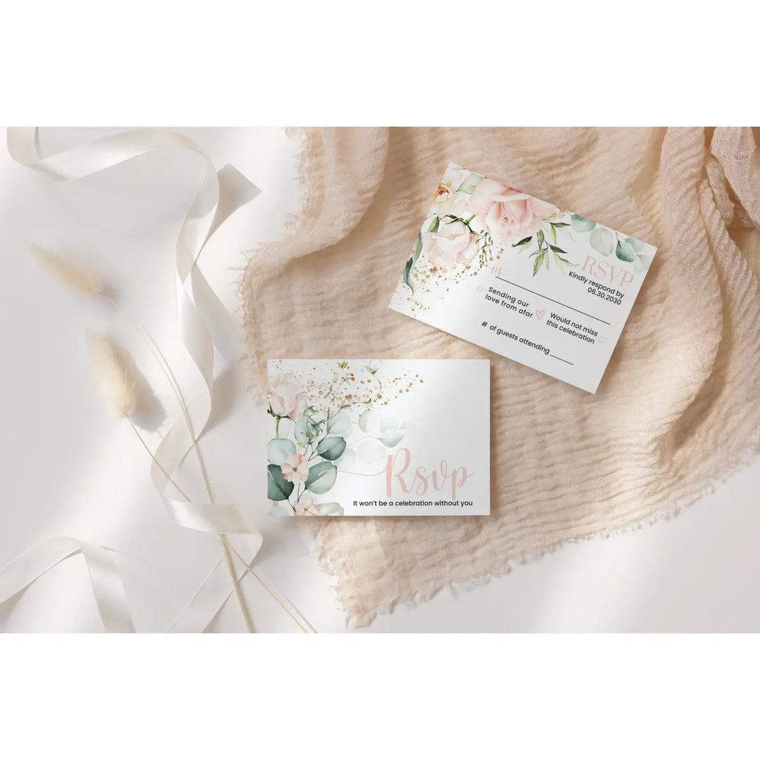 Personalized blush blooms rsvp cards with envelopes - gold & rustic greenery for weddings and events - invitations