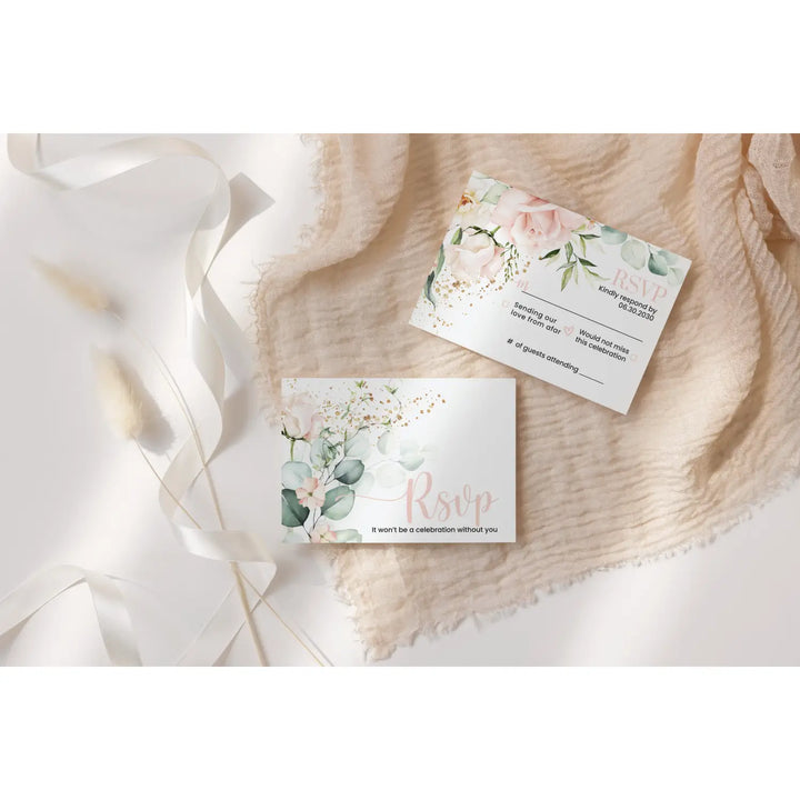 Personalized blush blooms rsvp cards with envelopes - gold & rustic greenery for weddings and events - invitations