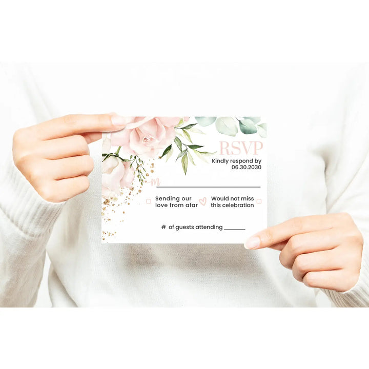Personalized blush blooms rsvp cards with envelopes - gold & rustic greenery for weddings and events - invitations