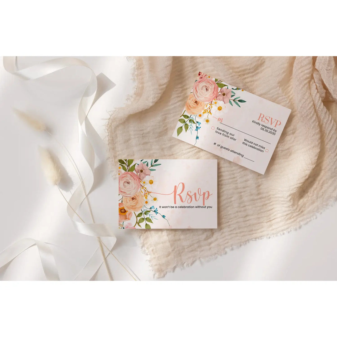 Personalized boho floral rsvp cards with envelopes - rustic terracotta and blush for weddings events - invitations