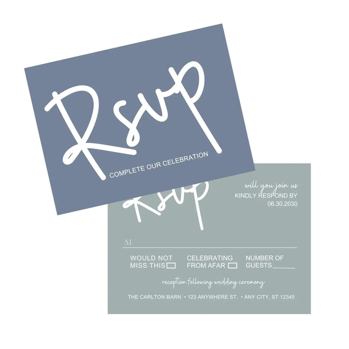 Personalized celestial rsvp cards with envelopes - custom printed - twilight dusk & starry yellow theme for weddings