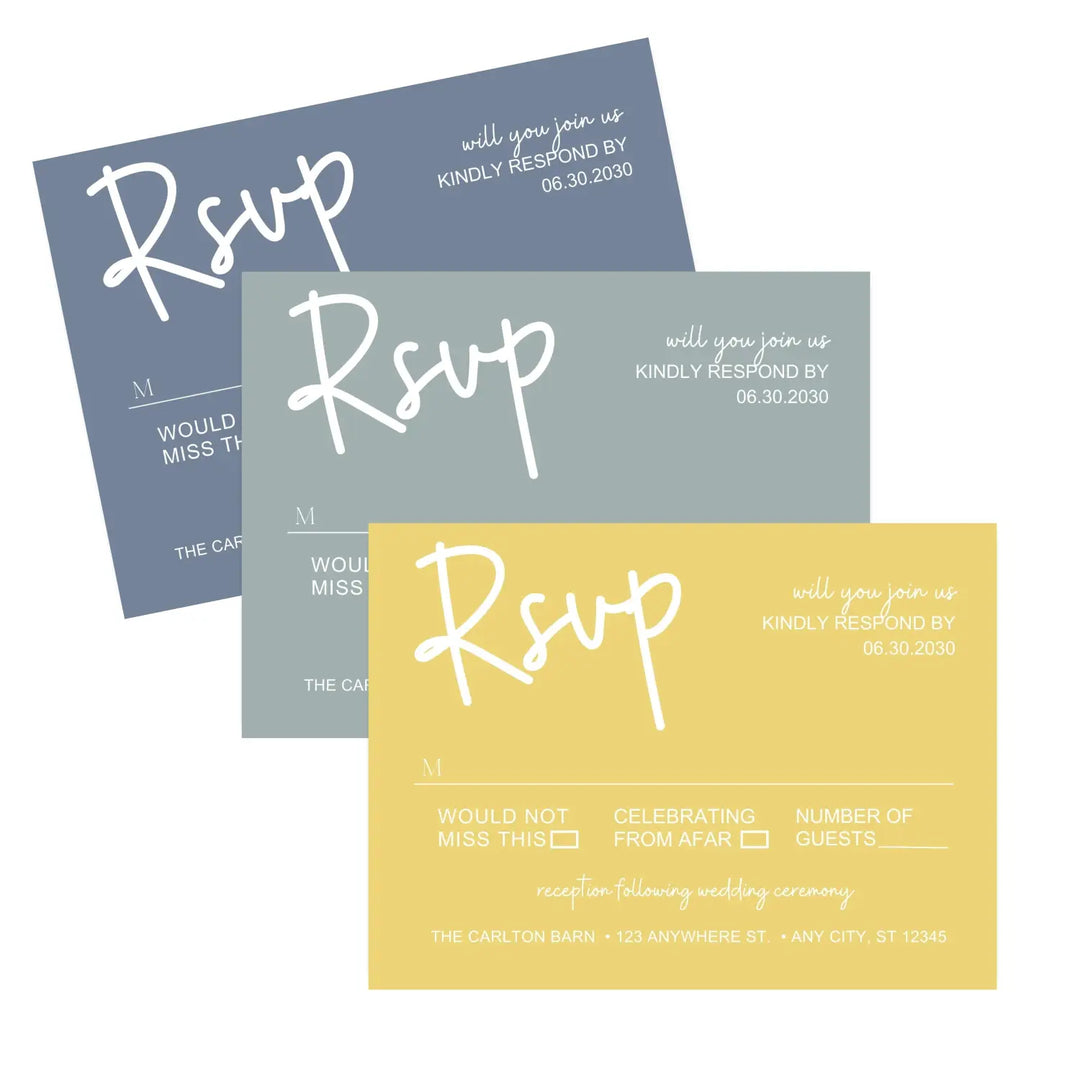 Personalized celestial rsvp cards with envelopes - custom printed - twilight dusk & starry yellow theme for weddings