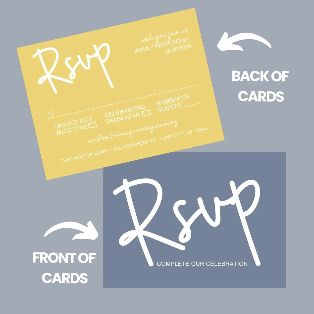 Personalized celestial rsvp cards with envelopes - custom printed - twilight dusk & starry yellow theme for weddings