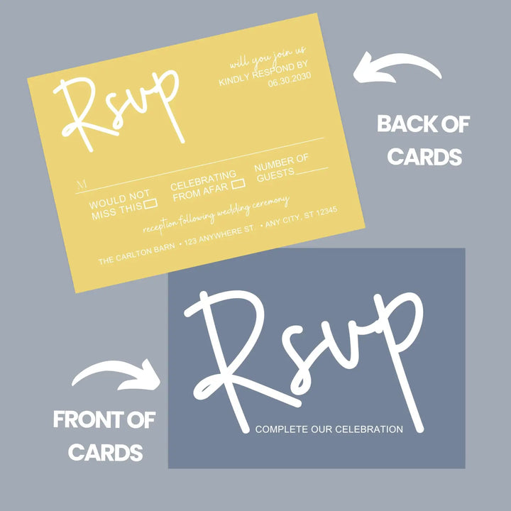 Personalized celestial rsvp cards with envelopes - custom printed - twilight dusk & starry yellow theme for weddings