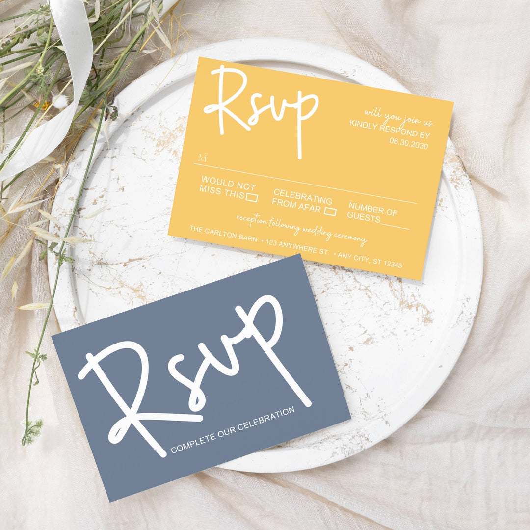Personalized celestial rsvp cards with envelopes - custom printed - twilight dusk & starry yellow theme for weddings