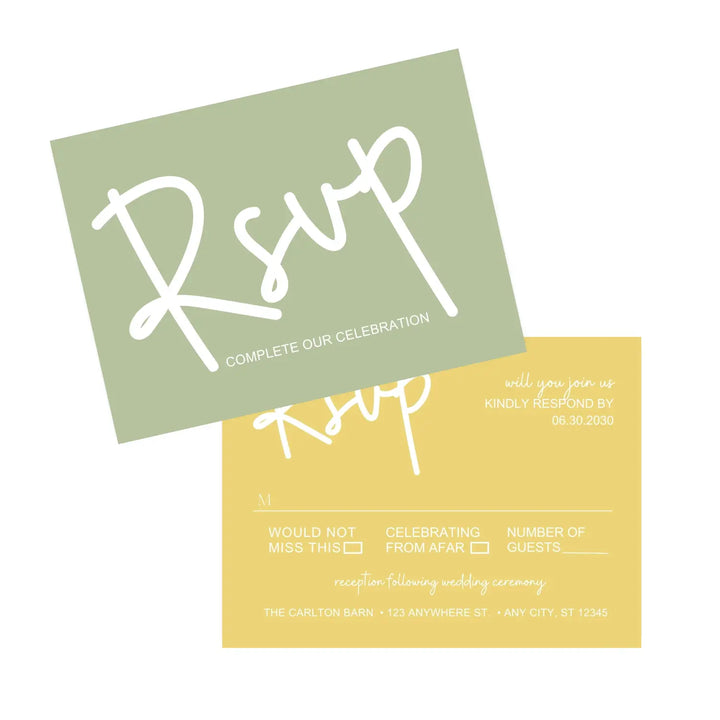 Personalized celestial rsvp cards with envelopes - custom printed - twilight dusk & starry yellow theme for weddings