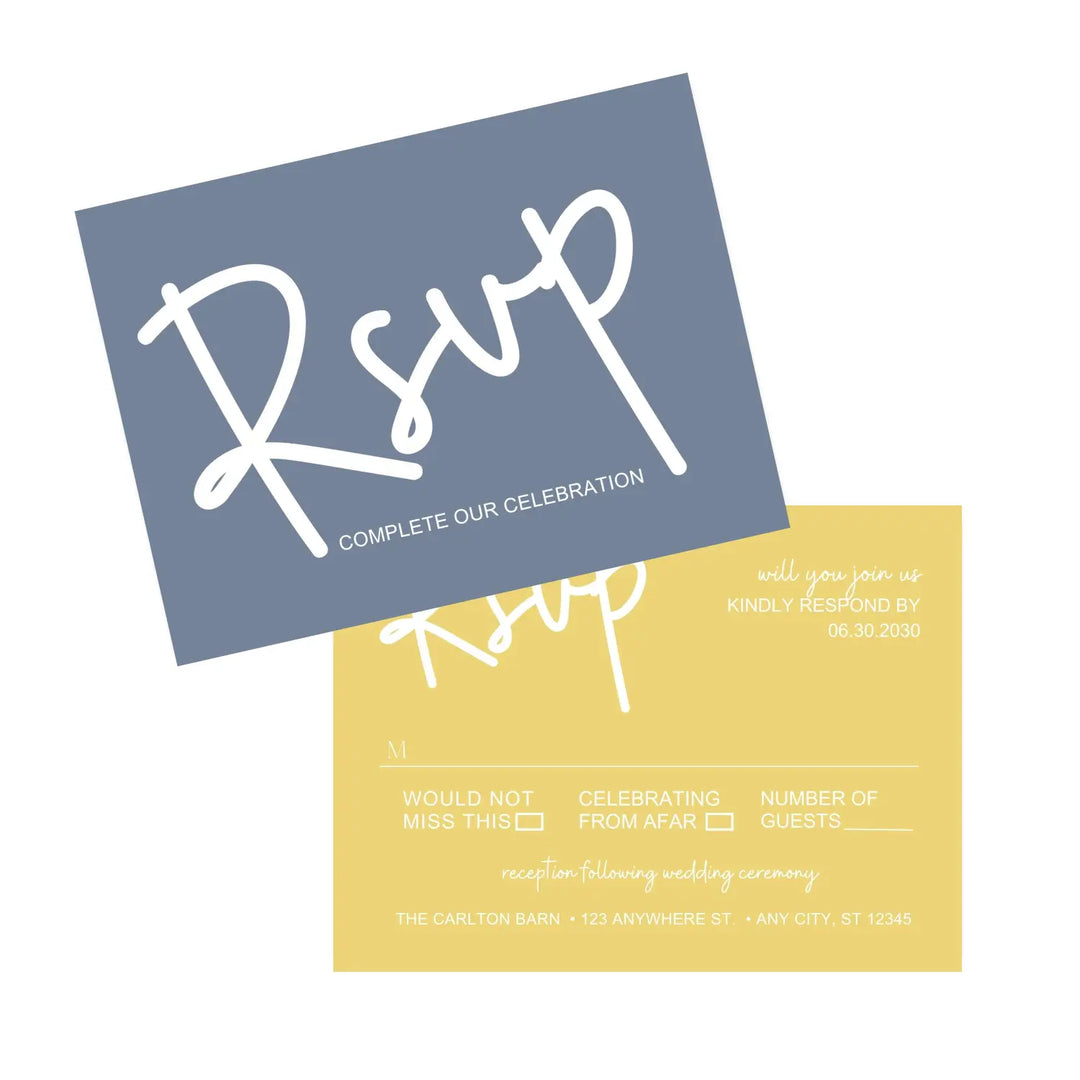 Personalized celestial rsvp cards with envelopes - custom printed - twilight dusk & starry yellow theme for weddings