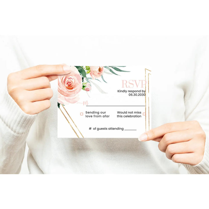 Personalized graceful floral rsvp cards with envelopes - blush gold & rustic greenery for weddings and events