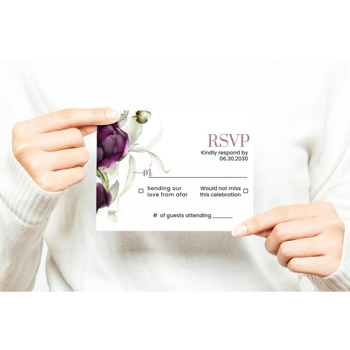 Personalized purple passion floral rsvp cards with envelopes - modern design for weddings and events - invitations