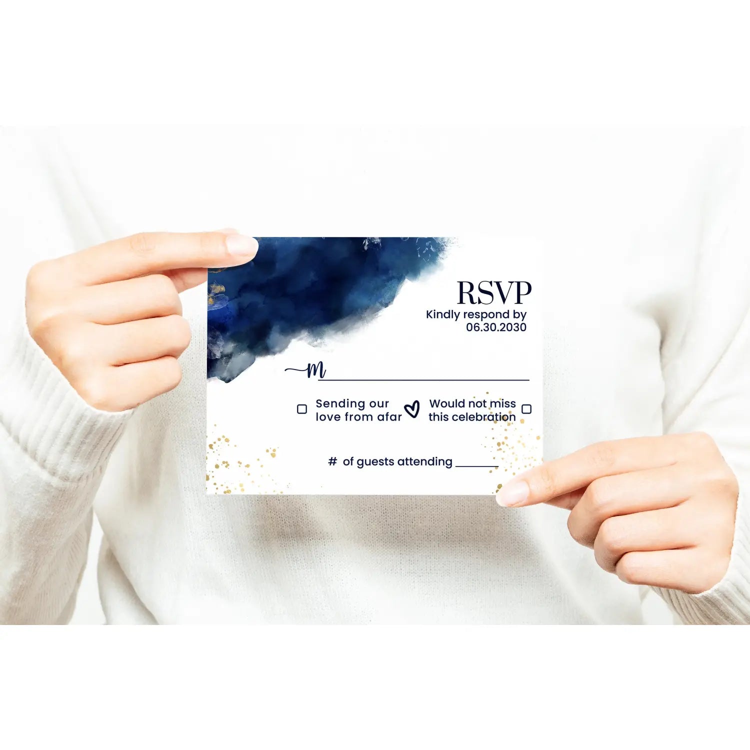 Personalized rsvp cards with envelopes custom printed - elegant blue watercolor & gold - invitations