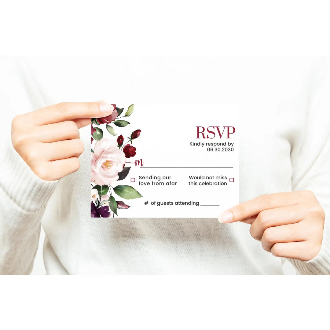 Personalized rustic floral rsvp cards with envelopes - elegant red roses & blush pink for weddings - invitations