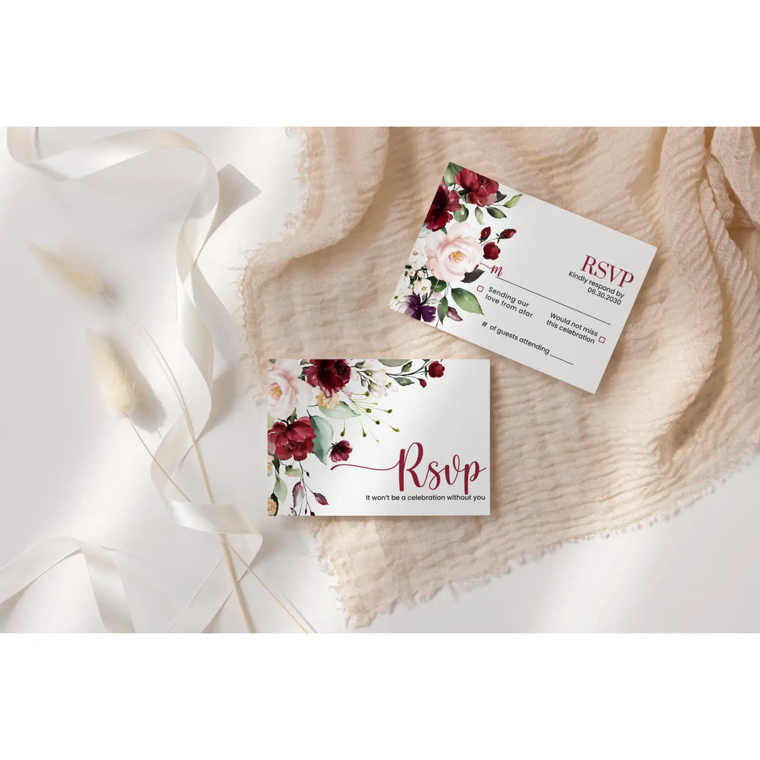 Personalized rustic floral rsvp cards with envelopes - elegant red roses & blush pink for weddings - invitations