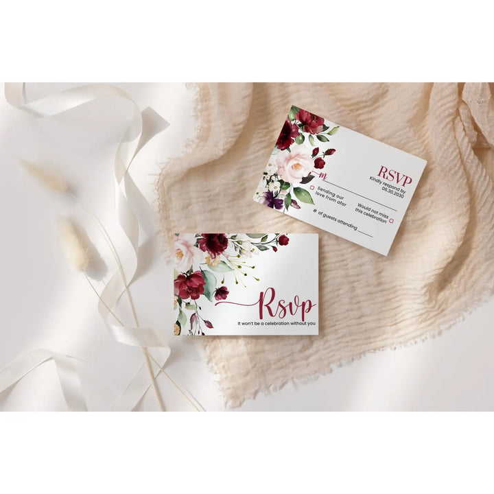 Personalized rustic floral rsvp cards with envelopes - elegant red roses & blush pink for weddings - invitations