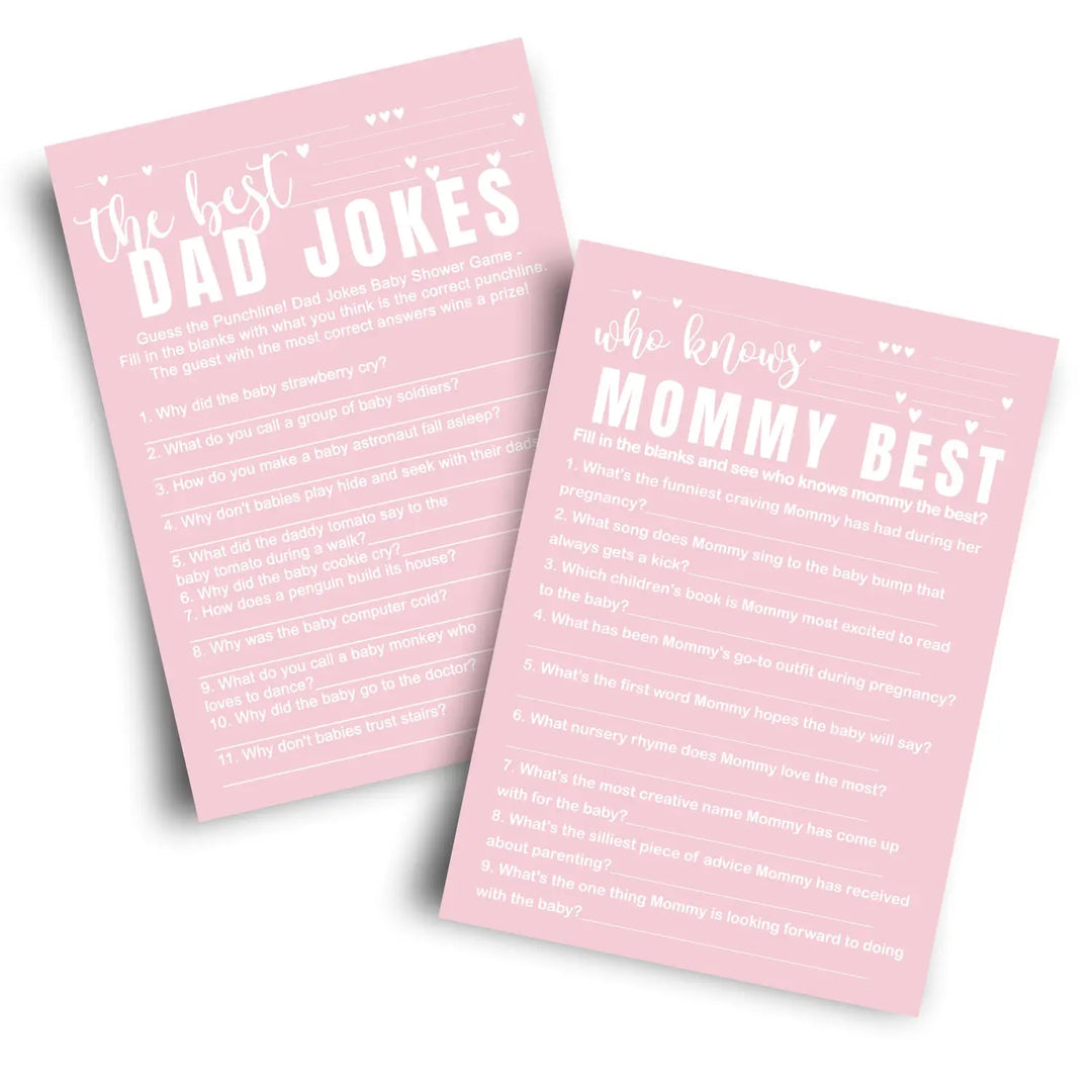 Pink baby shower game set - who knows mommy best & dad jokes modern minimalist 25 pack - party games
