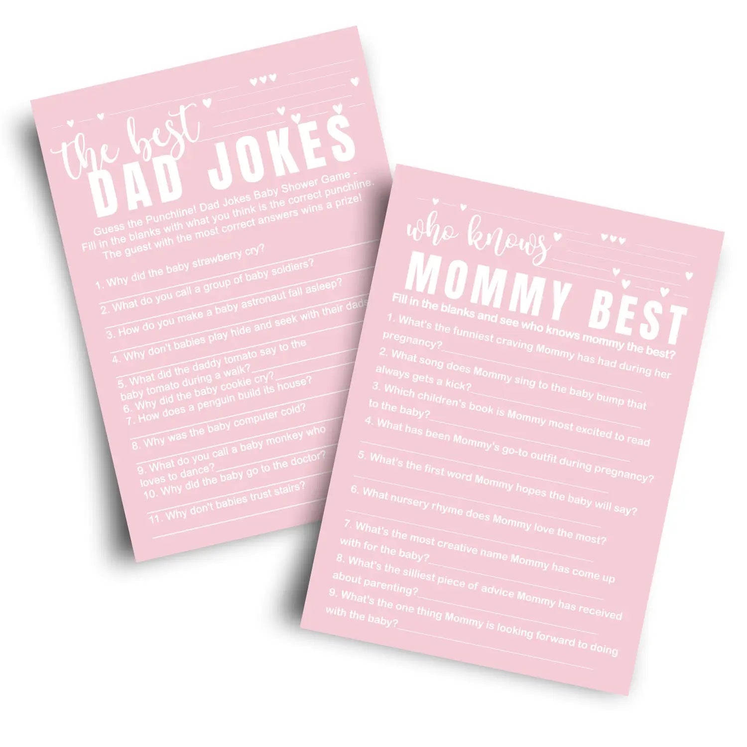 Pink baby shower game set - who knows mommy best & dad jokes modern minimalist 25 pack - party games