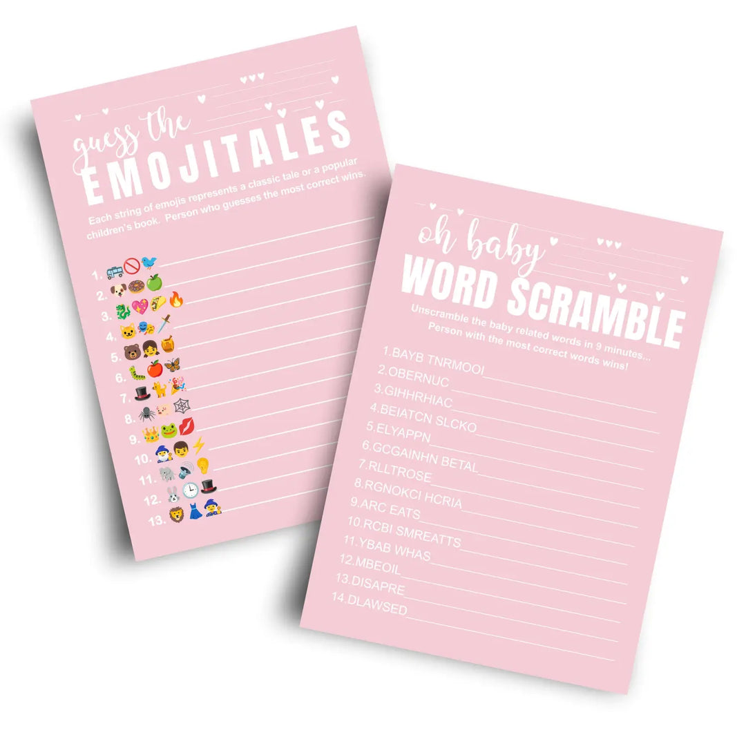 Pink baby shower game set - word scramble and guess the storybook pictograms 5x7 double-sided cards 25 pack with answer
