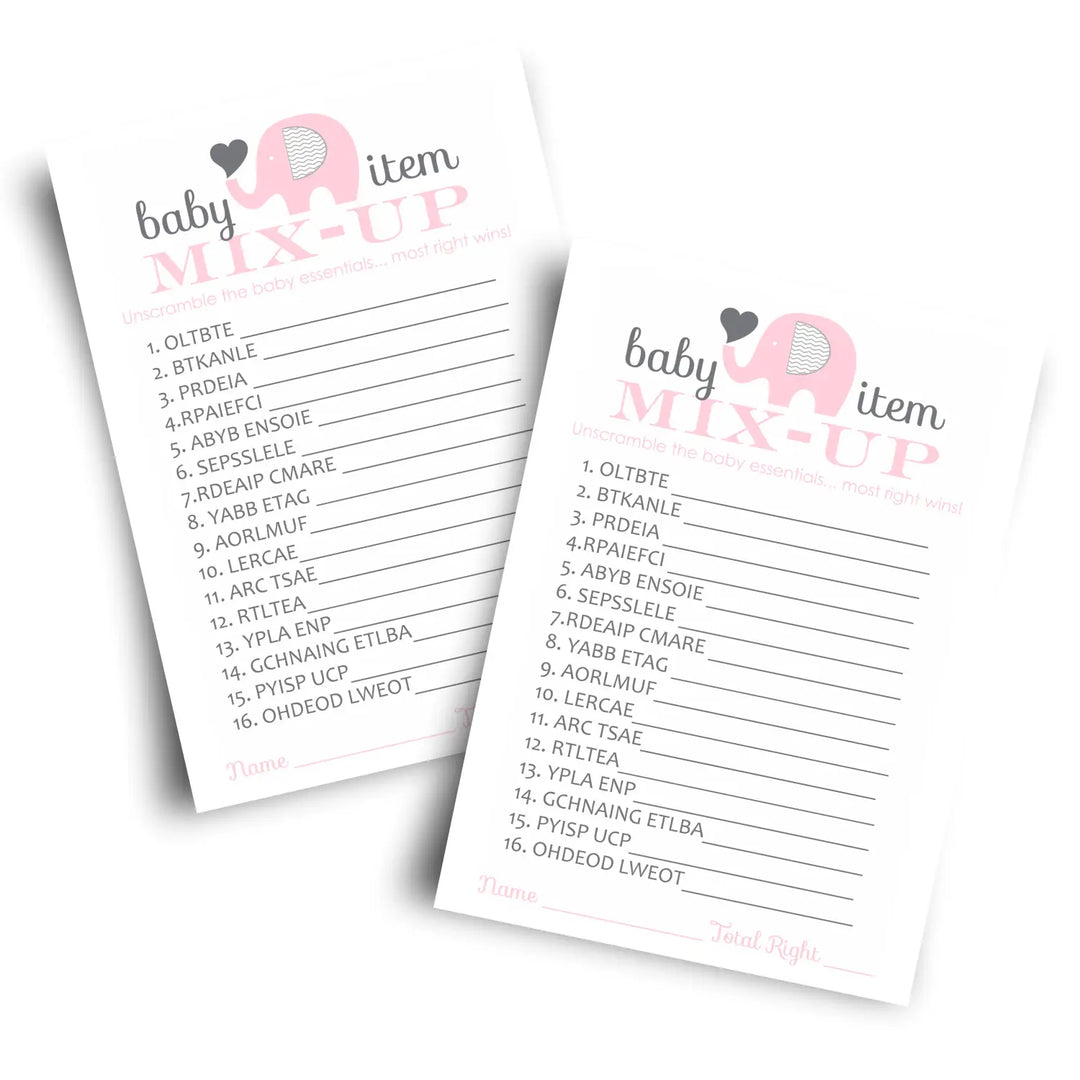 Pink elephant baby shower word scramble game - 25 pack cute guest party ideas unique favors and unscramble activity