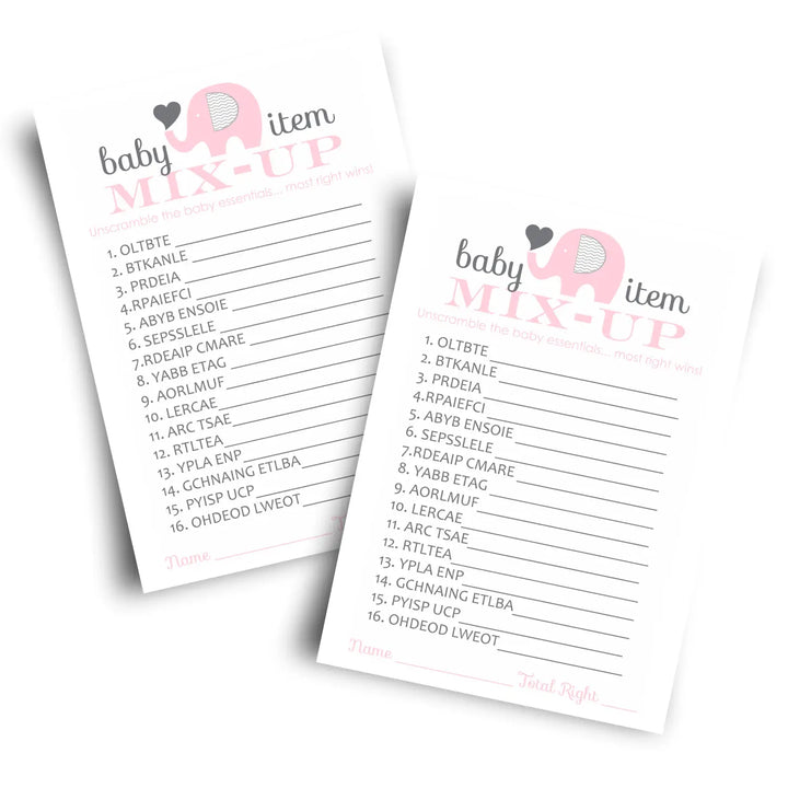 Pink elephant baby shower word scramble game - 25 pack cute guest party ideas unique favors and unscramble activity