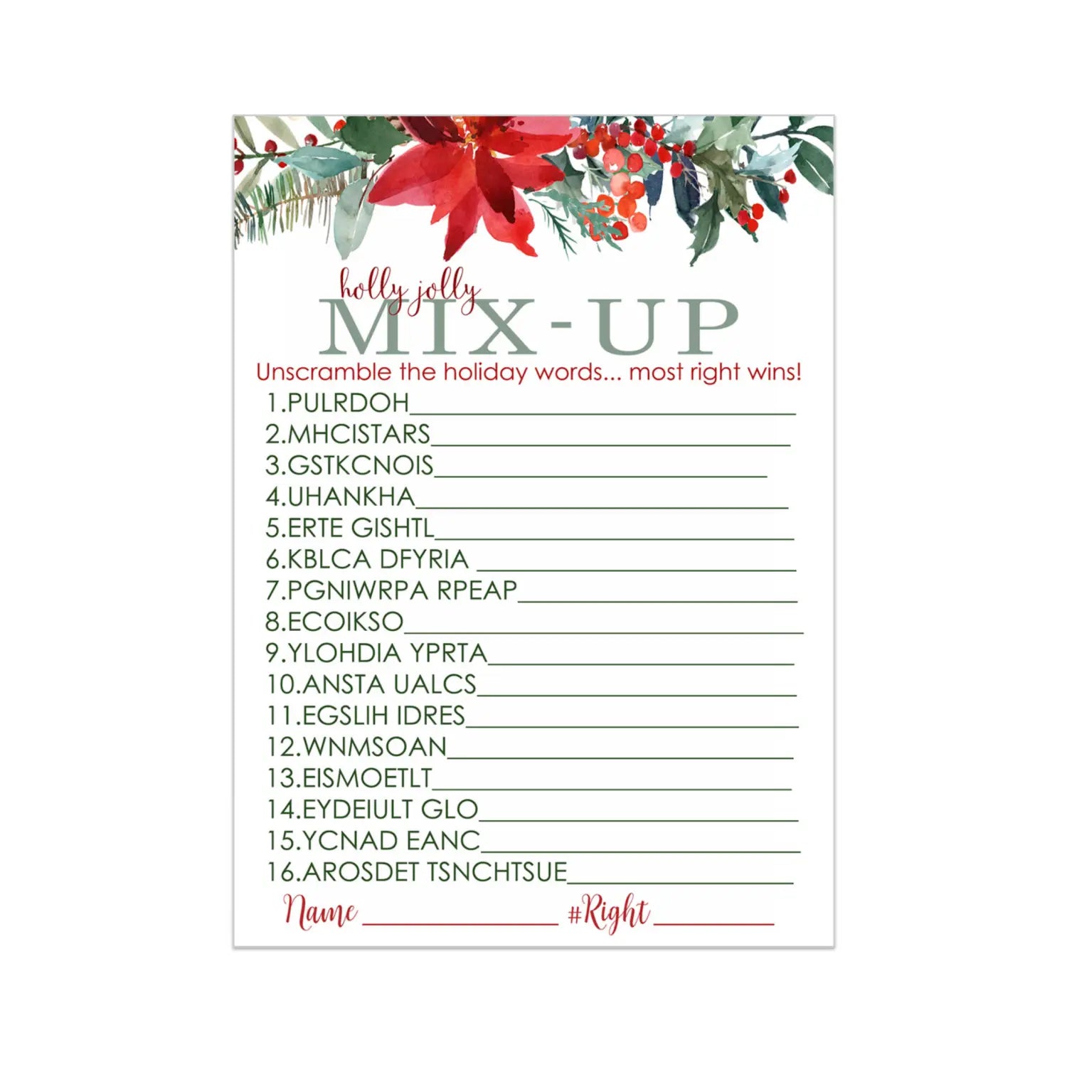 Poinsettia christmas word scramble holiday unscramble party activity for adults groups office 5x7 cards rustic xmas 25