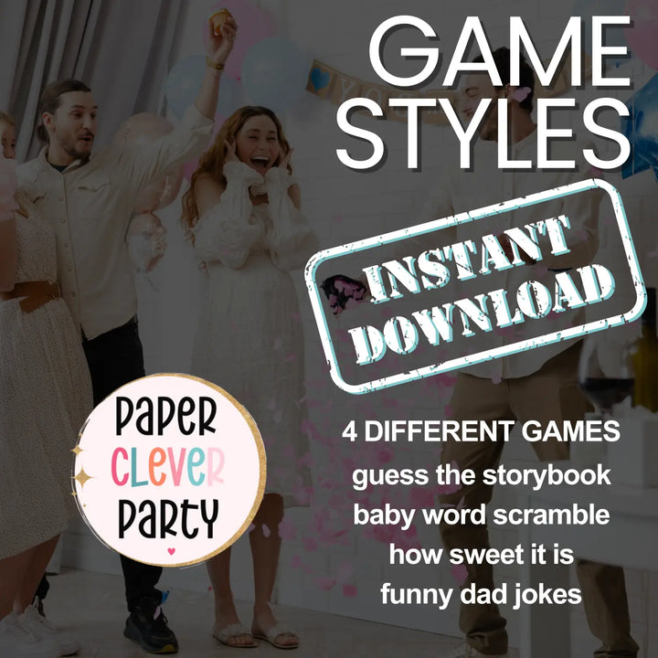 Printable baby shower game bundle - 4 fun games - 2 per 8.5x11 sheet - trimmed size 5x7 - instant download pdf